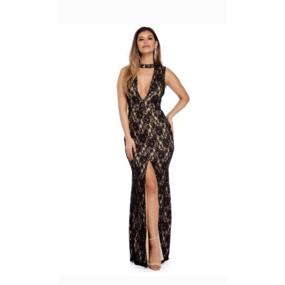 Windsor Black Lace Nude Lined Maxi Gown Womens S Formal Evening Prom Dress Slit - Picture 1 of 11